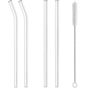 Custom Reusable BPA Free Straws Fit All Water Tumbler Cup Lids Drinking Straight Bent Boba Glass Straw Set With Cleaning Brushes