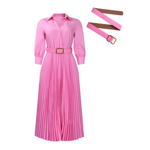 <b>Pink</b> Pleated Midi Shirt Dress With Stand Collar Three Quarter Puff Sleeve Belted Woven Casual Dress For Daily Wear Spring - Product Image 5