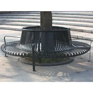 מודרני שחור מעגל שטוח פלדה חיצוני גן מסחרי מתכת עץ ספסל