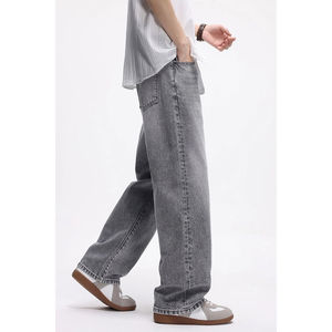 Jean droit rétro taille mi-haute à jambe large pour homme, style streetwear hip-hop américain, gris délavé, pour marque de mode urbaine - Product Image 2