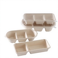 Boîte à lunch jetable de style japonais à trois compartiments, longue, pour desserts, pique-niques, sushis, à emporter, biodégradable, compatible micro-ondes