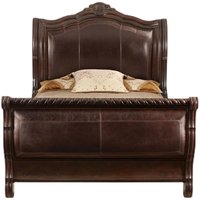Lit double de luxe classique de style américain en bois massif sculpté 1,8 m pour chambre principale, avec base en cuir véritable, idéal pour villa