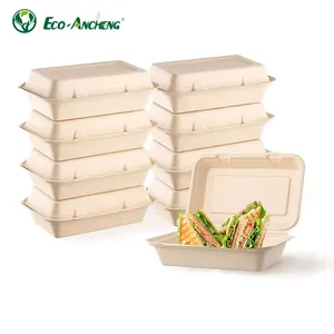 Biodegradable Takeaway Bagasse Clamshell Caña de azúcar Contenedor de alimentos Fiambrera Pfas Free