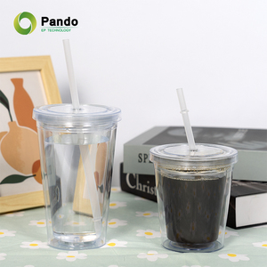 Nhà máy cung cấp trực tiếp nhựa long lanh trong suốt thẻ hai lớp uống ly thủy tinh có nắp đậy và ống hút - Product Image 5