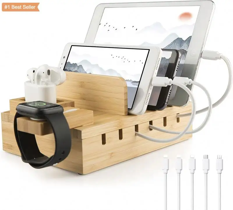 Jumon Bamboo Multiple Devices 5 Port USB Multi Bamboo for Mobile Phones Smartphones Tablets Wood Charging Station