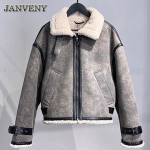 Janveny 2025 Mới Mùa Thu Mùa Đông Len Pha Trộn Giả Lông Thú Áo Khoác Phụ Nữ Ve Áo Dưới Beltloops Cổ Điển Lỏng Hai Mặt Lông Cừu Áo Khoác - Product Image 3