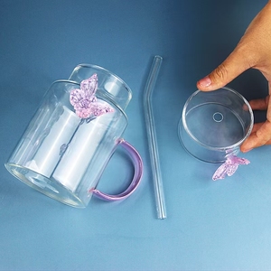 Hot Sale Glas Wasser flasche Glas becher Schmetterling Design mit Strohhalm - Product Image 6