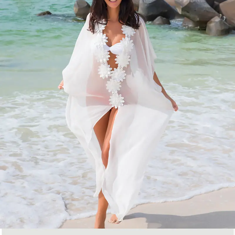 Lune de miel robe plage couvrir robe dentelle plage tunique paréos maillots de bain femmes Bikini couvrir en mousseline de soie maillot de bain couvrir