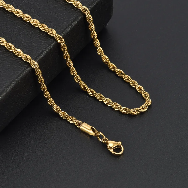 Chaîne de corde torsadée plaquée or véritable 18k 3mm en acier inoxydable pour hommes chaîne collier femmes chaînes 16 18 20 22 24 pouces