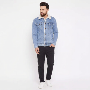 Denim <b>Jacket</b> for <b>Men</b> <b>Long</b> Sleeve Stand Windproof Hooded Front Vintage Stylish New Design Best Selling Breathable Fashion - Product Image 1