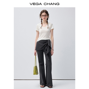 Pantaloni a Zampa d'Elefante VEGA CHANG Grigio Scuro a Vita Alta per Donne con Sovrapposizione di Gonna Annodata e Vestibilità Slim Casual - Product Image 3