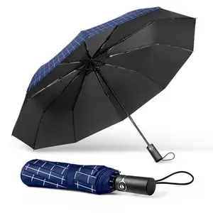 Parapluie compact résistant au vent et au soleil, pliant, ouverture automatique, fermeture étanche à la pluie, 10 côtes, imprimé à carreaux pour homme