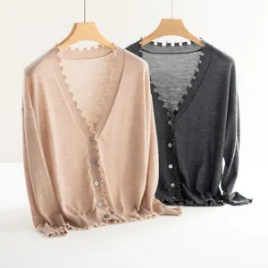 OEM Inner Mongolia 100% Cashmere Knitted Women Warm Worsted Patchwork Cashmere Cardigan Sweater