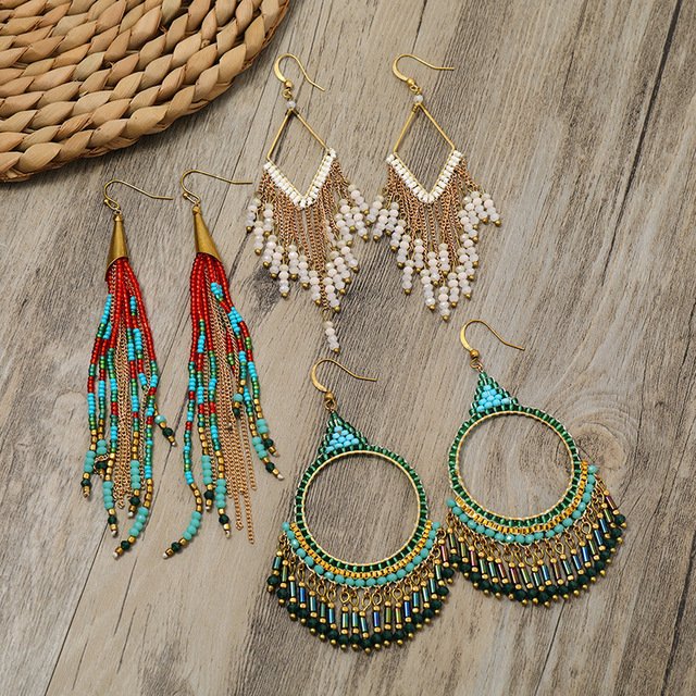 Fashion Women Various Handmade Earrings Jewelry Glass Seed Beads Tassel Dangle Hoop Earrings Crystal Beads Thread Woven Earrings