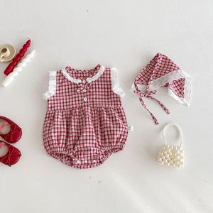 Nuova Tutina Estiva 2026 per Neonata, Pagliaccetto a Triangolo in Cotone a Quadri Rossi con Fascia per Capelli, Stile Coreano, per Gattonare - Product Image 2