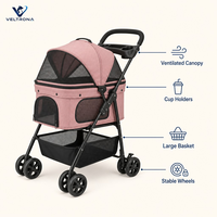 Poussette pliable pour animaux de compagnie avec poignée réversible pour petits chiens, poussette 4 roues avec auvent et porte-gobelets, poussette de voyage