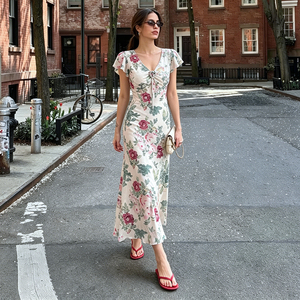 Retro Floral Print Ruffle Midi Dress V Neck Women Flowy Slim Fit Elegant Vacation Casual Summer Dress - Product Image 3