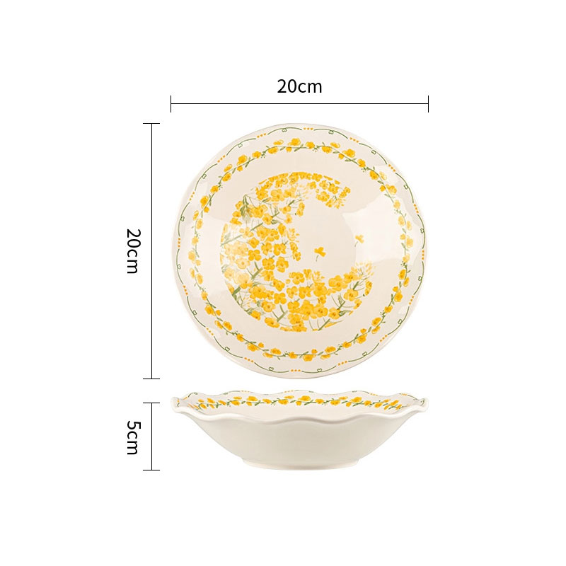 จานลึกลายดอกไม้ 8 นิ้ว - สีขาวเคลือบครีมลายดอกเรป