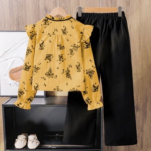 Set camicia a maniche lunghe con stampa in pizzo e pantaloni a gamba larga per ragazze - Moda primaverile per ragazze dai 4 ai 10 anni - Product Image 2