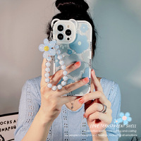 Nouveau mignon 3D ours oreille bleu fleur protection TPU téléphone étui filles à la mode lanière pour iPhone 16 15 14 Pro Max