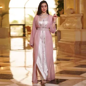 Set Abaya Dua Potong, Rompi Wanita Gaun Panjang dengan Pakaian Luar Sifon Lebaran Muslim Kaftan Maroko Arab Dubai Jalabiya