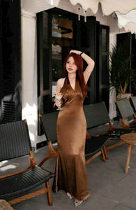 Vestido Maxi Marrón Tejido Liso con Cintura Natural, Espalda Abierta y Lazo, Elegante Vestido de Fiesta, Mezcla de Poliéster, Servicio OEM - Product Image 6