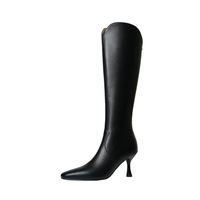 Bottes d'équitation d'hiver en cuir véritable à bout carré, montantes, avec fermeture éclair, talon fin et boucle décorative