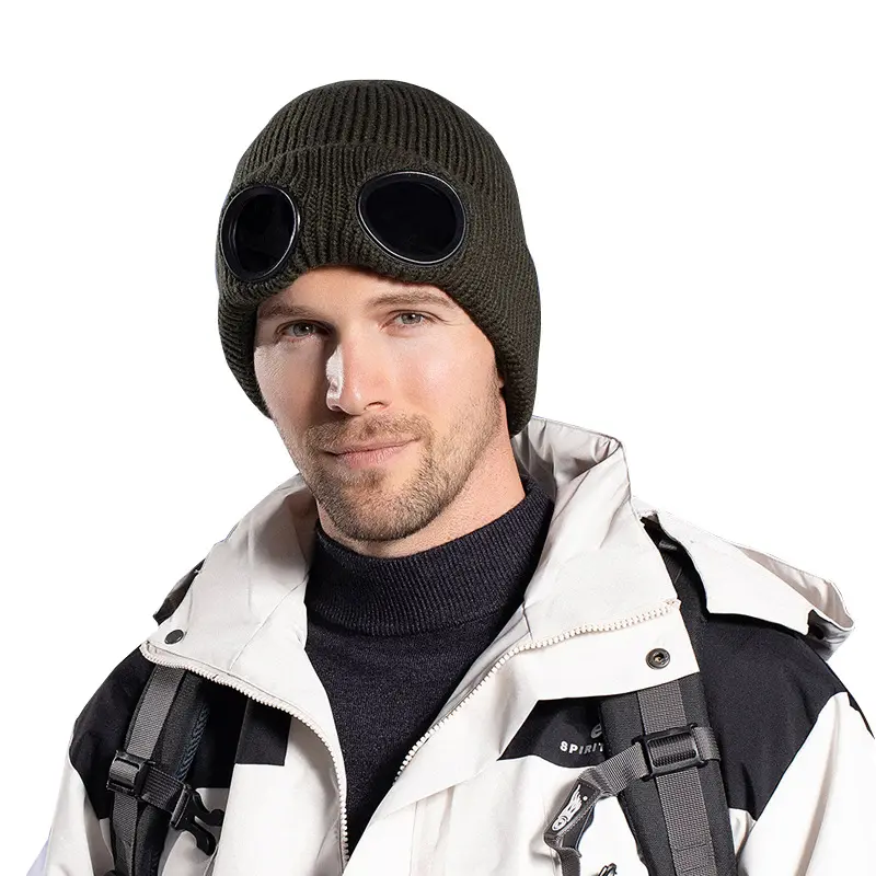 European and American Cross-Border Winter Beanie Women's Windproof Glasses Pullover Knitted Hat Men's Ski Warm Wool Skull Cap