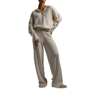 Conjunto de pantalones de chándal de pierna ancha de dos piezas de gran tamaño personalizado para mujer, sudadera informal de lana con cuello en V de alta calidad para mujer - Product Image 3