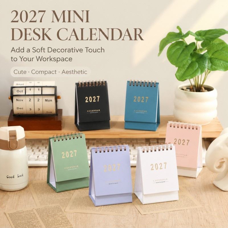 Paper Report On Table 2027 Mini Desk Calendar Standing Monthly Desktop Calendar Spiral Bound ...
