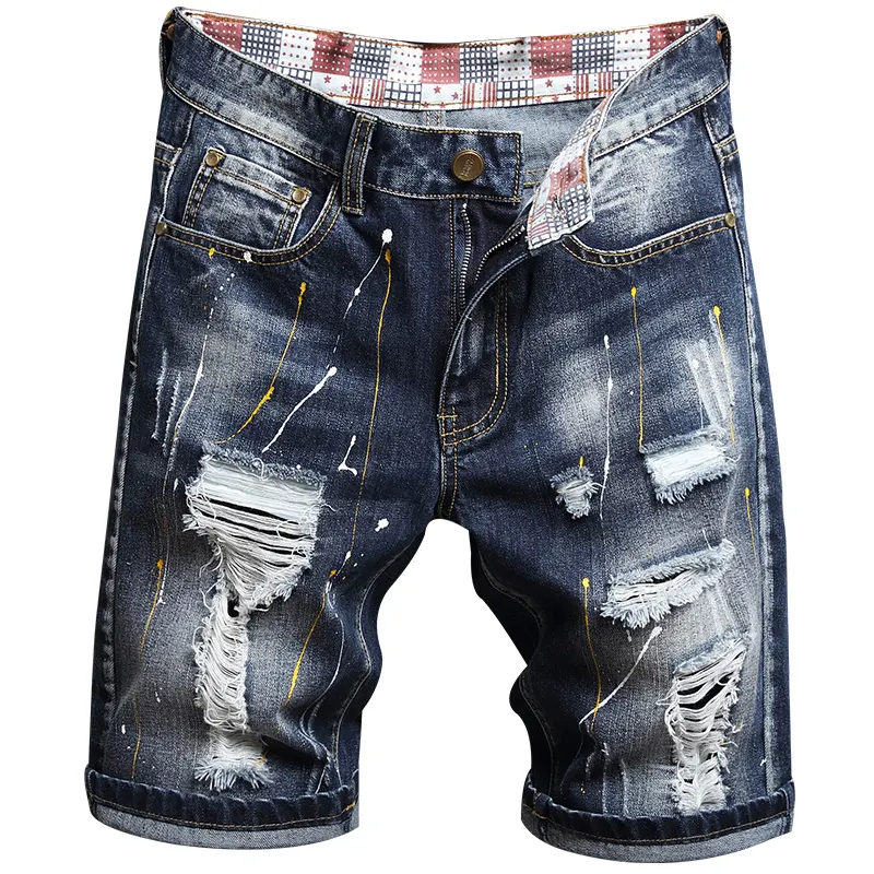 Pantalones cortos de mezclilla para hombre, Shorts de mezclilla versátiles con tinta puntiaguda, ajustados y perforados azules, Capris, nueva tendencia de verano