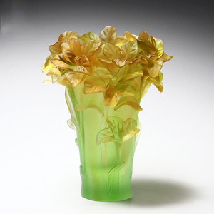Amber And Green Iris Pattern Pate De Verre Vase Handcrafted Art Glass Flower Vase For Home Decor And Floral Arrangements - Product Image 3