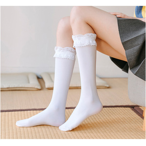 Lace Calf <b>Socks</b> For Women White 50D Cotton Mid Calf Summer Lolita Style - Product Image 1
