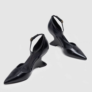 Sandales à bout pointu pour femmes avec brides en T, sexy, à boucles de cheville, talons compensés hauts, escarpins d'été découpés - Product Image 4