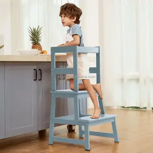 Toddler Standing Child Highchair Kitchen Helper Wood Step Stool Foldable Cooking Learning Tower Adjustable Height Solid 2 in 1