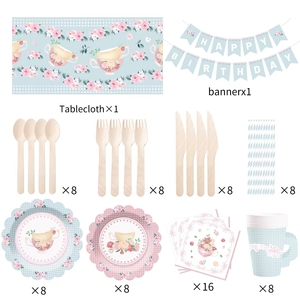 ชุดถ้วยน้ำชา จานรอง กระดาษเช็ดปาก ถ้วยชาและจานรองพร้อมหูจับ สำหรับงานเลี้ยงวันเกิดเจ้าหญิง ตกแต่งงานฉลองวันเกิดเด็ก ลายดอกไม้ - Product Image 3