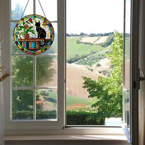 Cat Suncatcher Stained Glass <strong>Window</strong> Hanging <strong>Book</strong> Lover Gift for <strong>Women</strong> Handmade Black Cat on Bookshelf Home Decor - Product Image 6