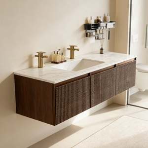 BALOM Custom European Style Minimalist Luxury Wall Hung <b>Bathroom</b> <b>Vanity</b> Double Sink Wooden Cabinet with Stone Top Factory - Product Image 4