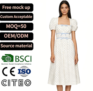 <span class=keywords><strong>Robe</strong></span> midi pour femme, blanche et bleue à pois, manches bouffantes, col carré, taille nouée, style vintage français, longueur thé - Product Image 1