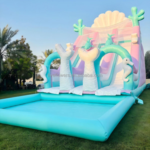 Scivolo Gonfiabile a Tema Sirena Ocean World per Feste, Scivolo a Cavalluccio Marino con Trampolino, Casa Gonfiabile Pastello con Piscina - Product Image 1