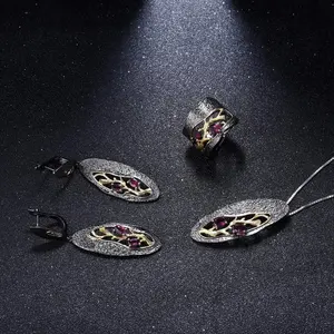 Kekal Cabang Cincin Anting-Anting Liontin Kalung Set Wanita Pengantin Alami Rhodolith Garnet 925 Sterling Silver Perhiasan Set Pernikahan