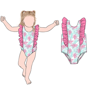 Baju Renang Anak Perempuan Motif Pohon Tropis Desain Baru dengan Ruffle Ganda Satu Potong untuk Liburan Pantai - Product Image 4