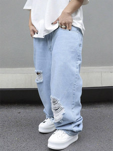 ZY Casual Streetwear Washed Ripped Frayed Herren Jeans Jeans Benutzer definiertes Logo Gerade Beine Jean <span class=keywords><strong>Pants</strong></span> Loose Fit Jeans hose für Herren - Product Image 4