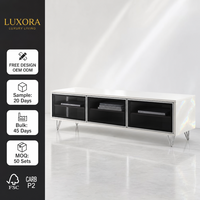 Console TV moderne de luxe, laque blanc nacré brillant, portes en verre teinté noir, pieds chromés, OEM