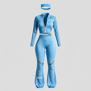 3 Piece Seamless Yoga Set Women Gym <b>Workout</b> Clothes Crop Top Zip <b>Jacket</b> High Waist Flared Leggings with Mesh Activewear Set - Product Image 1