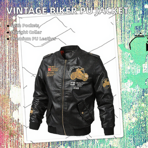 RNSHANGER Mens Vintage Motorcycle <b>Jacket</b> Fashion <b>Biker</b> PU Overcoat Stand Collar Letter Pattern Autumn Fleece - Product Image 2