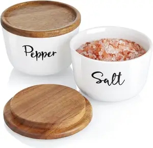 Ceramic Salt and Pepper Bowls Salt Cellar with Lid, Stacked Ceramic Container with Acacia Wood Lid, Salt Box for Countertop