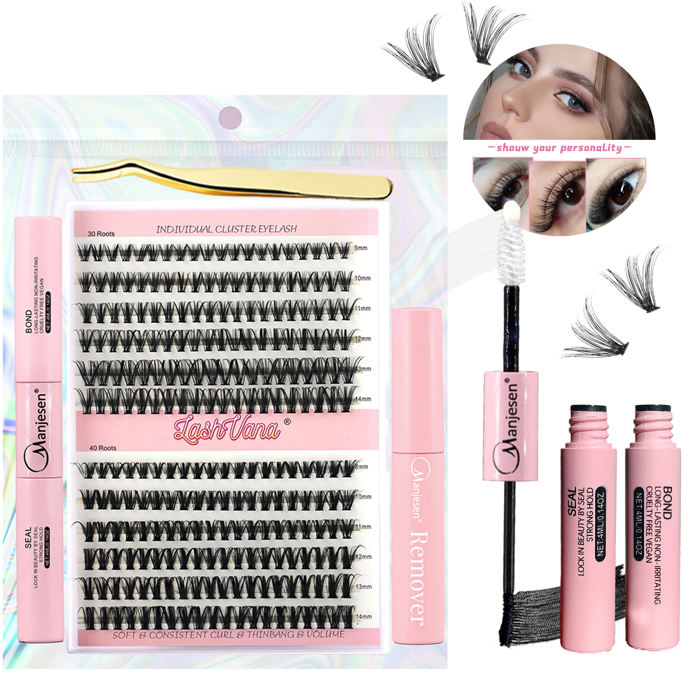 Wholesale Segment Eyelash 20D 30D 40D Individual Cluster DIY Lash Kit With Bond And Seal Diy Cluster Eyelash Extension