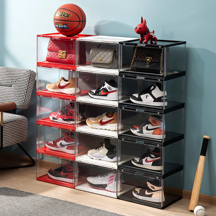 Clear Plastic Stackable Magnetic Shoe Organizer Storage Rack Boxes Sneaker Shoe Storage Bins With Wheels For Closet