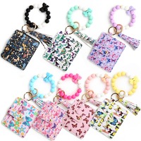 Dompet Gantungan Kunci Kulit PU Motif Kupu-kupu, Tempat Kartu Identitas, Gelang Rumbai Manik Silikon, Gantungan Kunci Anti-Hilang